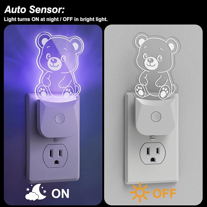 Cute Bear Night Light (2 Pack), Plug-in, RGB LED Night Lamp with Auto Dusk-to-Dawn Sensor, 9 Colors for Kids Room, Nursery, Bathroom, Baby Shower & Birthday Gift Decor