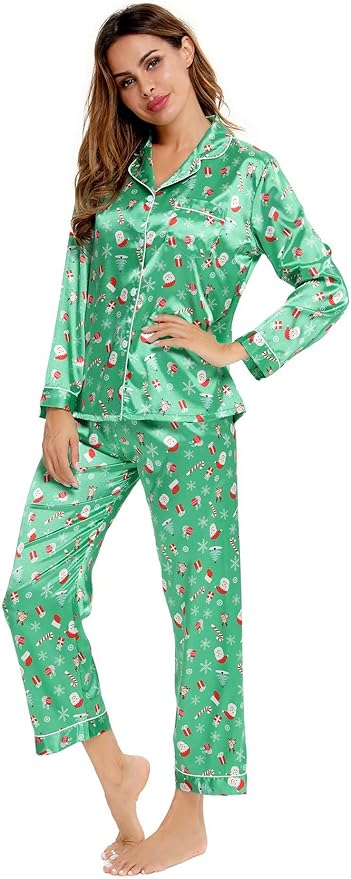 SWOMOG Womens Silk Satin Pajamas Set Long Sleeve Button Down Sleepwear 2 Piece Lounge Set Pj Set XS-3XL