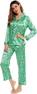 SWOMOG Womens Silk Satin Pajamas Set Long Sleeve Button Down Sleepwear 2 Piece Lounge Set Pj Set XS-3XL