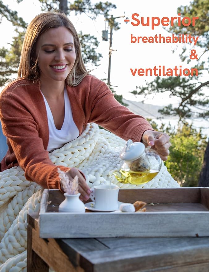 YnM Cotton Weighted Blanket, Handmade Chunky Knitted Design, Soft and Cozy, Temperature Regulating and Breathable, Machine Washable Throw for Sleep or Home Decor (Beige, 80x84 Inch, 35lbs)