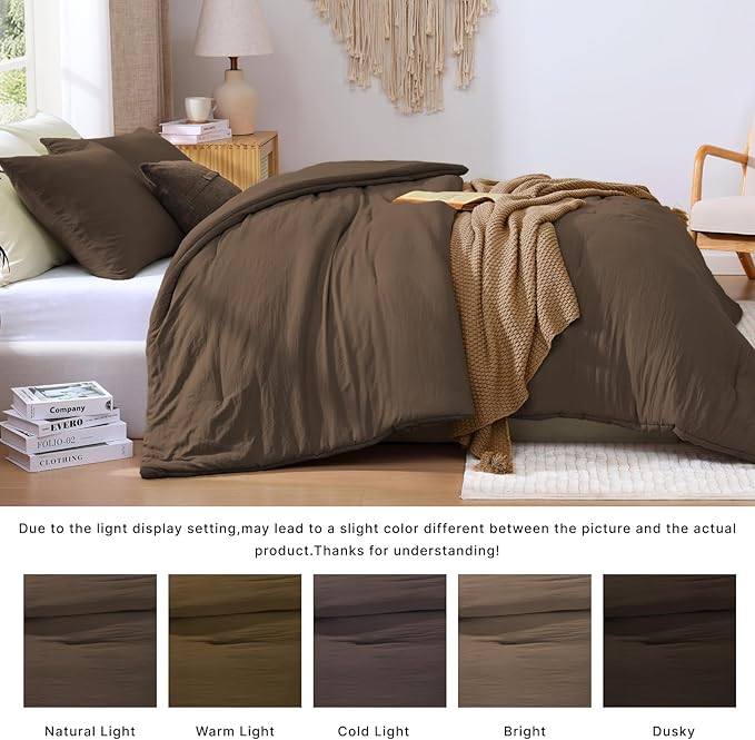 WRENSONGE Queen Comforter Set - 3 Pieces Prewashed Chocolate Brown Comforter Soft Lightweight for All Seasons,Down Alternative Comforters Queen Size with 2 Pillow Shams