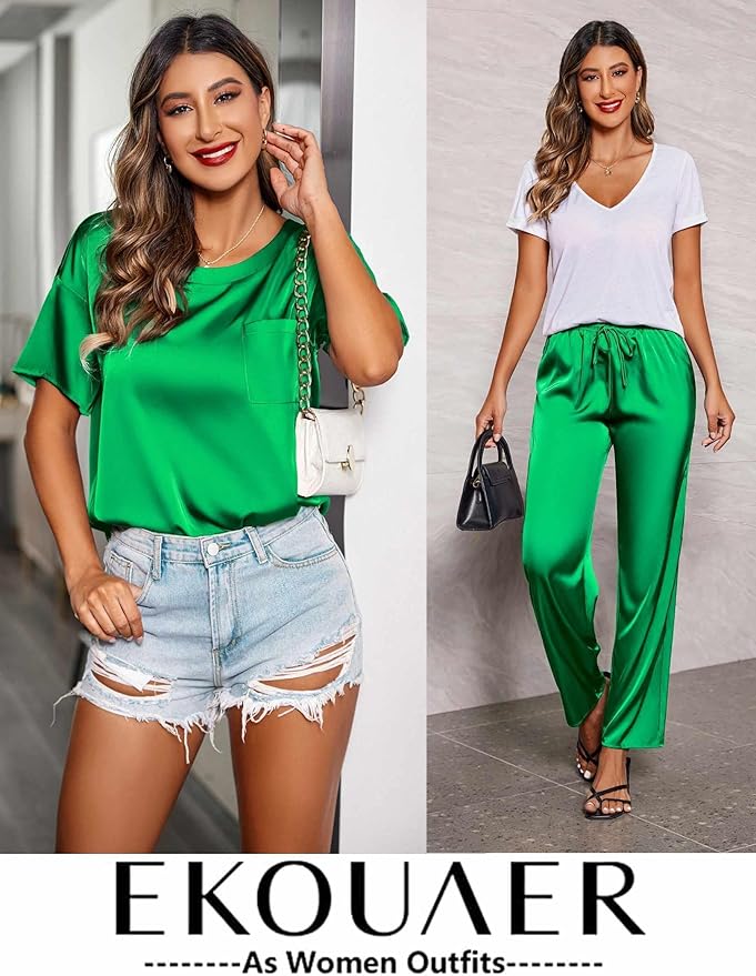 Ekouaer Womens Satin Silky Pajama Set Short Sleeve Shirt with Long Pajama Pant Set Soft PJ Loungewear