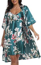 Women's Satin Robe Sets 2 Piece Nightgown Silk Pajama Sexy Floral Lingerie Lace Cami Sleepwear Night Robes