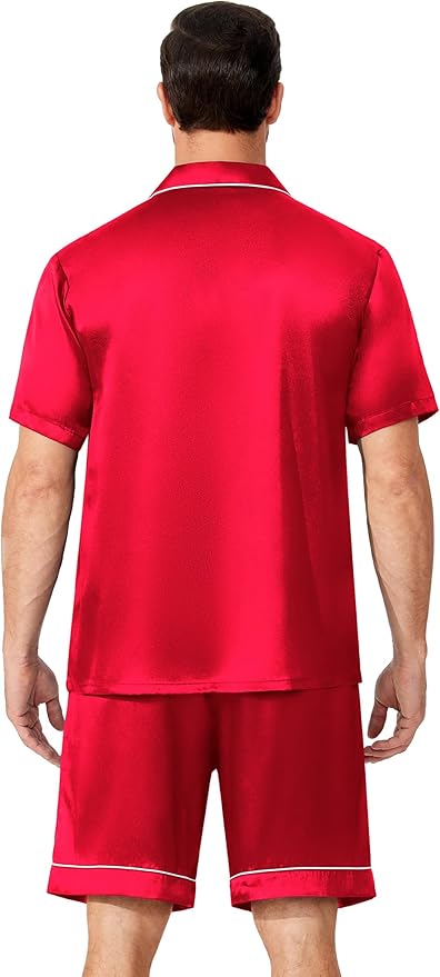 Ekouaer Mens Pajamas Set Silk Satin Sleepwear Short Sleeve Button Down Pjs Set 2 Piece Loungewear with Pockets S-XXL