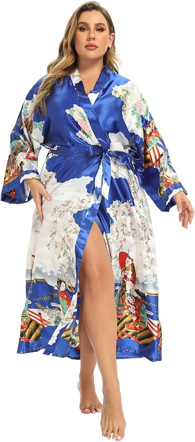 Women's Floral Long Satin Robes Plus Size Long Silk Robes Peacock Floral Kimonos Sleepwear Dressing Gown