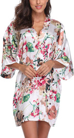 Women's Floral Satin Robes Bride Bridesmaid Getting Ready Robe Short Silky Kimono Sleepwear for Wedding Party