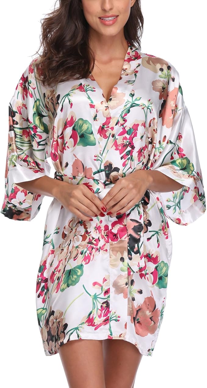 Women's Floral Satin Robes Bride Bridesmaid Getting Ready Robe Short Silky Kimono Sleepwear for Wedding Party