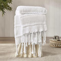 Boho Knitted Chenille Blanket with Tassels - Lightweight & Soft All-Season Throw - 3D Classic Pattern for Living Room Bedroom Couch, Cloud White, Throw 50"x60"