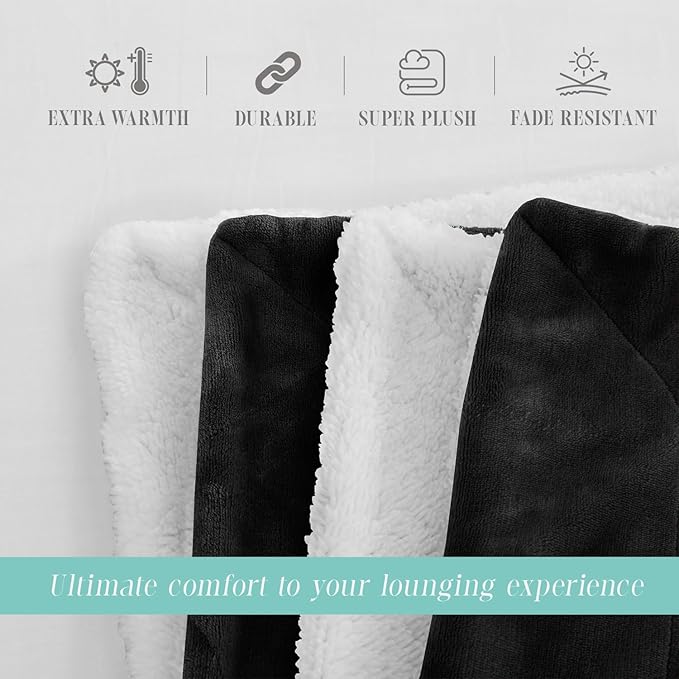 Elegant Comfort Throw Blanket, Reversible Sherpa Flannel, Ultra-Soft, Fuzzy, Cozy and Plush- All Season Lightweight Decorative Throw, 50 x 60 inches, Solid Sherpa Throw, Black