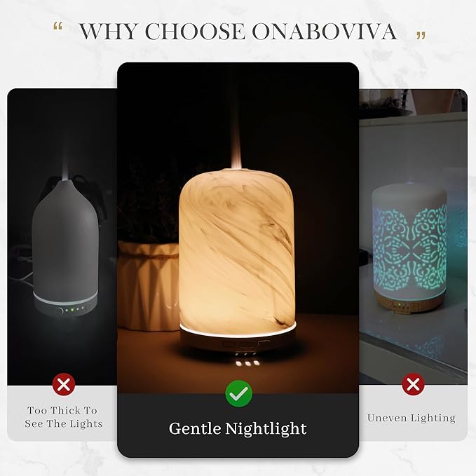 Onaboviva Essential Oil Diffuser - 2.4MHz Ultrasonic Ceramic Diffuser for Home, 120ml, Pulse&Continuous Mist, Bright/Dim/Breathing Lighting, Waterless Auto-Off, Aromatherapy Diffuser with USB Cable