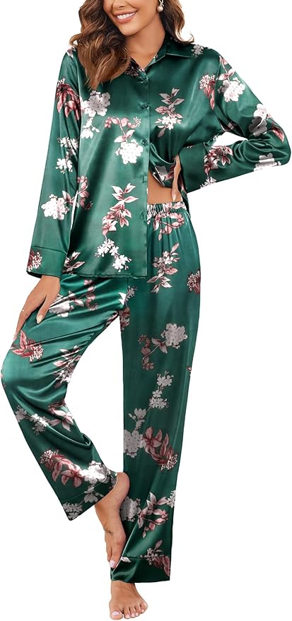 Ekouaer Women Satin Silk Pajamas Classic Long Sleeve Button Down Pjs Set Soft Loungewear