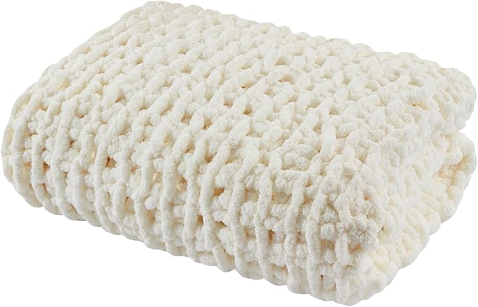 Madison Park Chenille Chunky Knit Handmade Throw Blanket, Luxuriously Soft Gift Blankets, Cottage Style Room Décor, Lightweight & Breathable All Seasons Throw Blanket for Couch, 50" W x 60" L Ivory