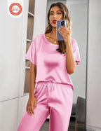 Ekouaer Womens Satin Silky Pajama Set Short Sleeve Shirt with Long Pajama Pant Set Soft PJ Loungewear