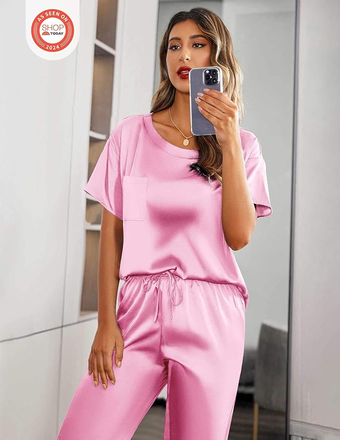 Ekouaer Womens Satin Silky Pajama Set Short Sleeve Shirt with Long Pajama Pant Set Soft PJ Loungewear