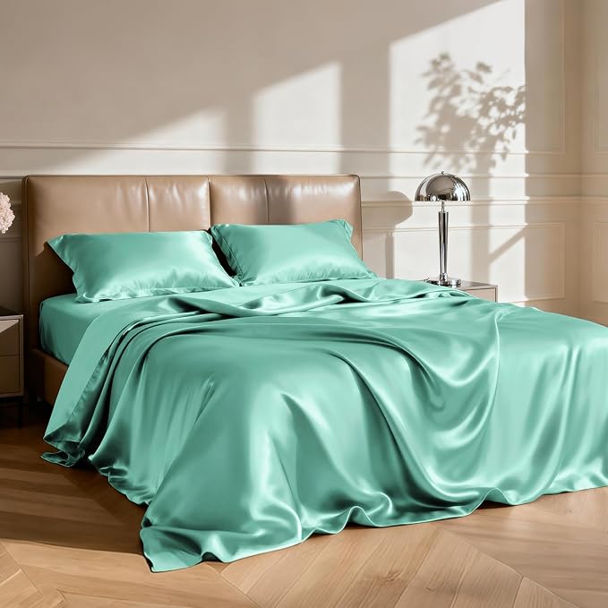 Love's cabin Twin Satin Sheets Sets - 3 Piece Aqua Silky ed Sheets with Deep Pockets, Luxury Silk Feel Satin Twin Size Sheet Set Bedding Set (1 Flat Sheet,1 Fitted Sheet,1 Pillow case)
