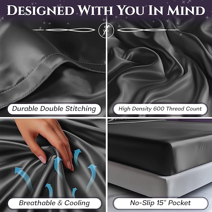 SLEEP SANCTUARY Satin Sheets King Size – 4 Piece Luxury Silky Bed Set, Softer Than Silk, 15" Deep Pocket, Cooling & Wrinkle-Free, Moisture-Wicking & Breathable for Hair & Skin (Stone Grey)