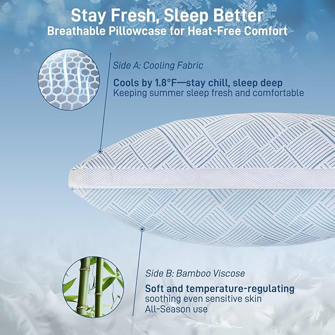 Alkyonos Shredded Memory Foam Cooling Soft Bamboo Viscose Pillows King Set of 2, Adjustable Hypoallergenic Hotel Quality Pillows for Stomach, Back and Side Sleeper, Oeko-TEX Certified