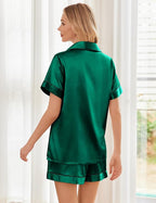 Ekouaer Womens Silk Satin Pajama Sets Soft Short Sleeve Button Down Sleepwear Top and Shorts 2 Piece Pjs Lounge Set