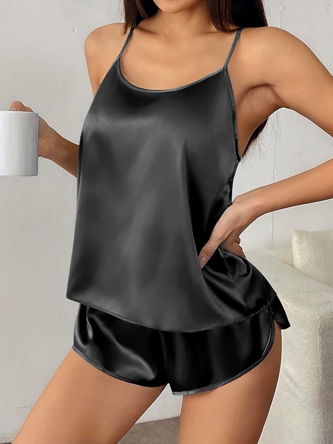 Ekouaer Silk Pajamas Set for Women Satin Backless Lingerie Pjs Cami Top and Shorts Nightwear