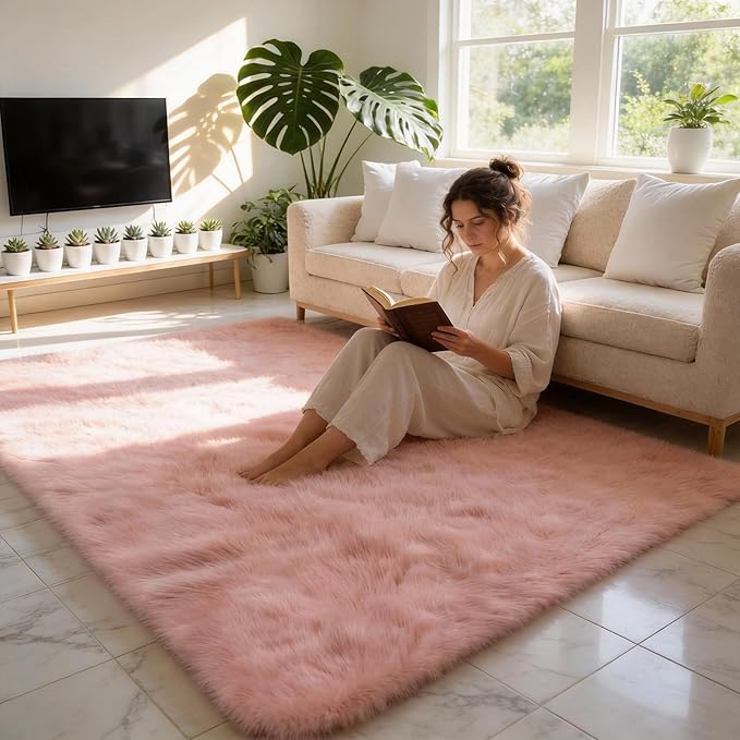 Shag Pink Rug, Rugs for Bedroom Girls Kids Room, 6x9 Ultra Soft Fluffy Area Rugs for Drom, Kids Room, Nursery, Study, Playroom, Easy Clean, Indoor Carpet for Living Room, Modern Carpet Décor