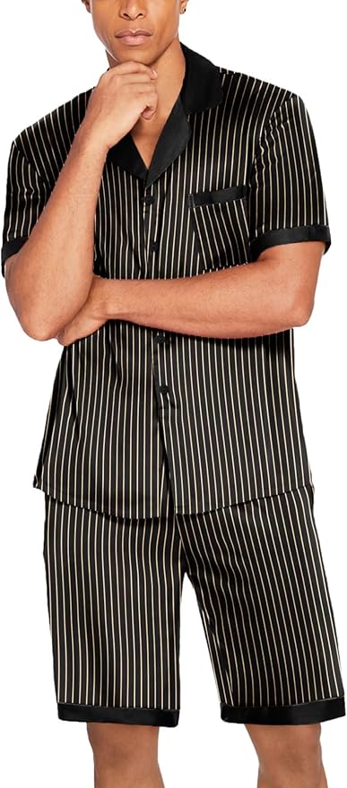 Ekouaer Men Satin Silk Pajamas Set with Pockets Sleepwear Shorts Satin Summer Loungewear 2 Piece Button Down Set S-3XL