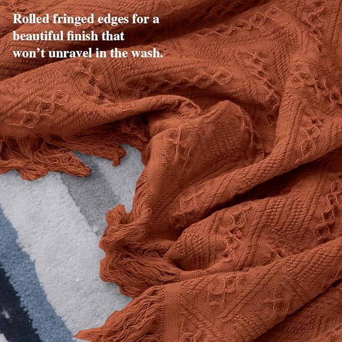 Simple&Opulence 100% Cotton Throw Blanket for Bed, Couch, Boho Luxury Geometric Woven Blanket with Tassels Soft Lightweight Cozy Breathable, Vintage Farmhouse Decoration for All-Season(Rust Orange)