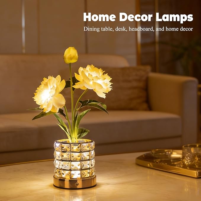 Flower Table Lamp, Orchid Flower with Crystal Vase Lamp, Cordless Touch Desk Light, 3 Colors Dimming & Rechargeable, Small Night Light for Bedroom Home, Romantic Gifts for Girl Women (Peony-White)