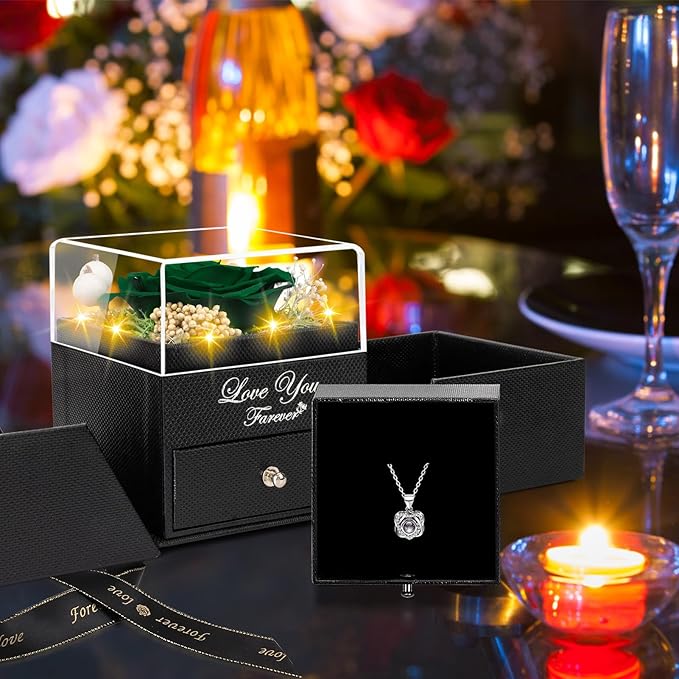 Lebana Preserved Blackish Green Real Rose with Heart I Love You Necklace -Eternal Flowers Rose Birthday Gifts for Women Her Mom Wife Girlfriend Grandma on Valentines Mothers Day Christmas Anniversary