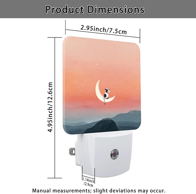 Cow Night Lights Plug Into Wall, Fanciful Playful Moon Mountain None Peach Plug in Night Light with Dusk to Dawn Sensor for Guest Room Basement Office Decor 2pcs