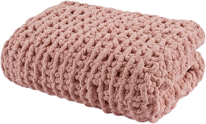 Madison Park Chenille Chunky Knit Handmade Throw Blanket, Luxuriously Soft Gift Blankets, Cottage Style Room Décor, Lightweight & Breathable All Seasons Throw Blanket for Couch, 50" W x 60" L Blush