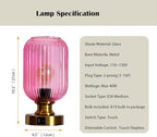 Mid Century Glass Table Lamp,Dimmable Desk Lamp,LED Bulb Included,Touch Control & USB A+C Port,Pink Ribbed Glass
