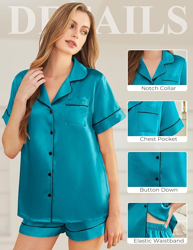 Silk Pajamas for Women Short Sleeve Sleepwear Soft Button Down Loungewear 2 Piece Satin Pjs Shorts Set S-XXL