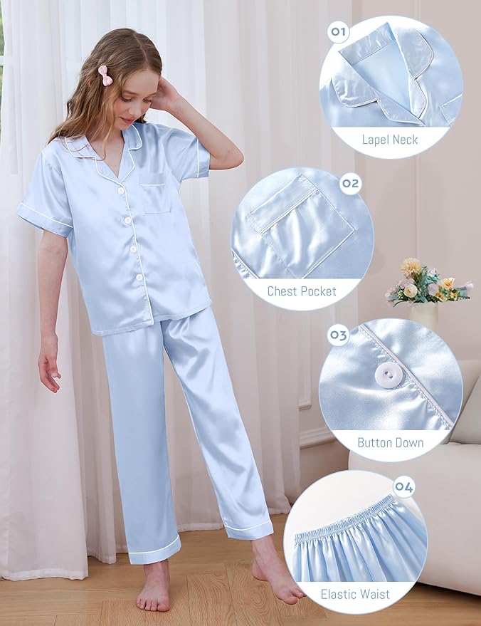 DIPUG 3 Piece Girls Silk Pajamas Set Soft Satin PJs Sleepwear for Comfortable Nights