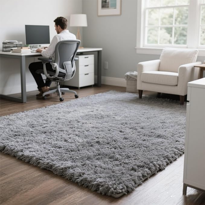 Light Grey Fluffy 8x10 Area Rug for Living Room, Plush Shag Rugs for Bedroom, Large Soft Furry Carpets for Kids Room, Modern Indoor Nursery Carpet for Classroom Dorm Cozy Comfy Home Decor