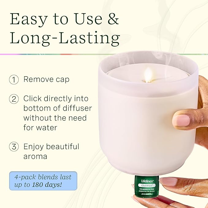 Lifelines Flameless Candle Aromatherapy Essential Oil Diffuser with 4 ClickWick Essential Oil Blends - Cordless & Waterless Diffuser for Home - Scented Electric Candles Blow Out Flame - Frosted Cream
