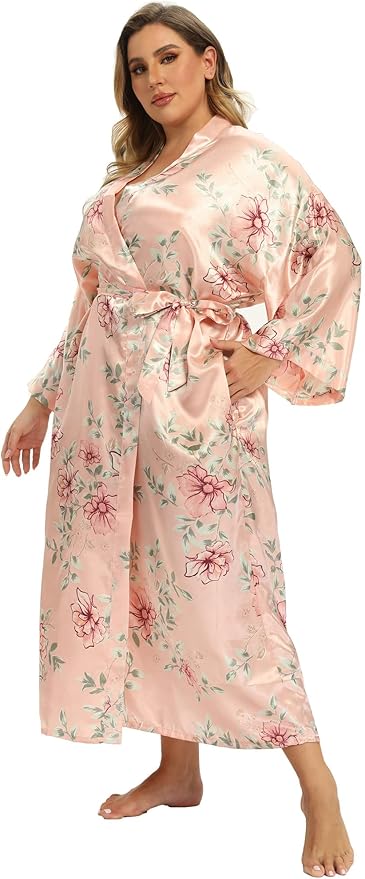 Women's Floral Long Satin Robes Plus Size Long Silk Robes Peacock Floral Kimonos Sleepwear Dressing Gown