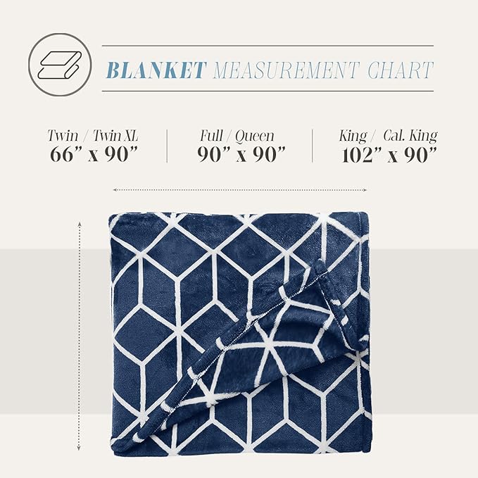 Elegant Comfort Luxury Velvety Feel Blanket, All-Season Lightweight Blanket, Ultra Plush, Soft, Cozy-Fuzzy Flannel Fleece for Couch, Sofa, Bed, Travel, Cube Design, King/California King, Navy