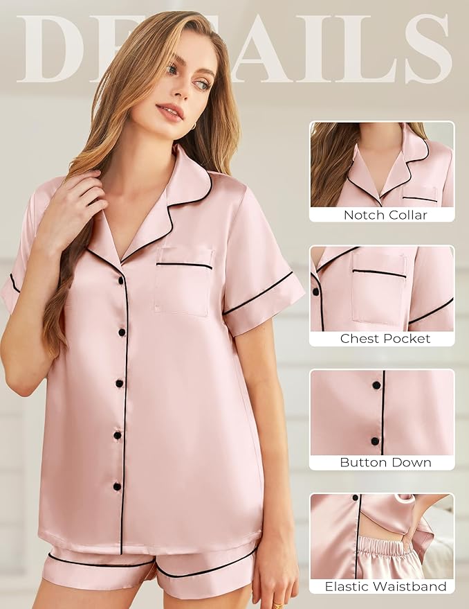 Silk Pajamas for Women Short Sleeve Sleepwear Soft Button Down Loungewear 2 Piece Satin Pjs Shorts Set S-XXL