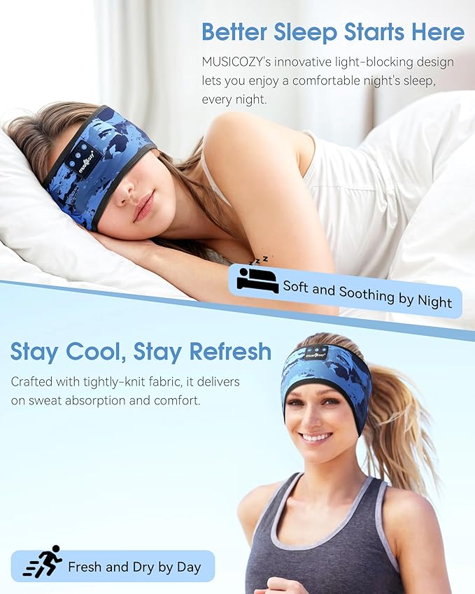 MUSICOZY Bluetooth 5.4 Sleep Headband Headphones, Wireless Sweatproof Earbuds for Sleeping, Sports, Workout, Running, Travel, Yoga - Ideal Gift for Men & Women