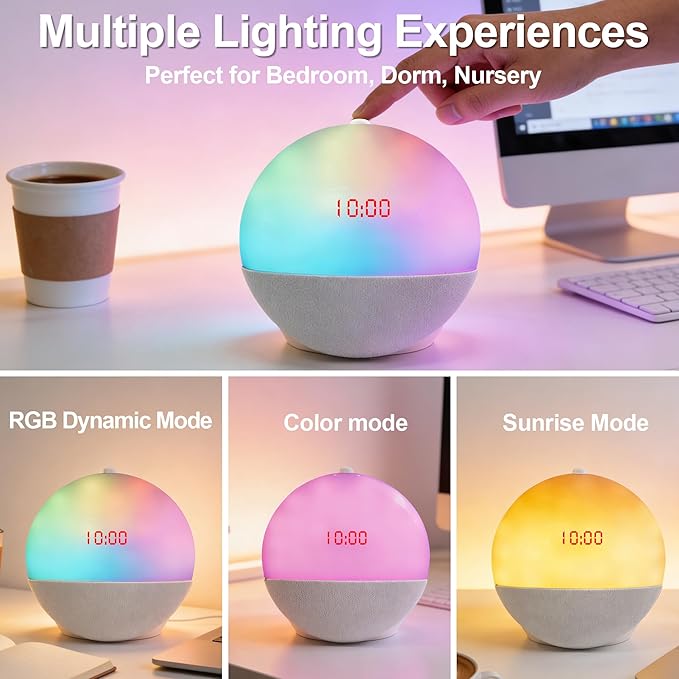 Sunrise Alarm Clock with Bluetooth Speaker, Dual Alarm Clock Radio with White Noise Sleep Machine, RGB Bedside Night Light, FM Radio, 10W Stereo Sound, Rechargeable Smart Clock for Bedroom
