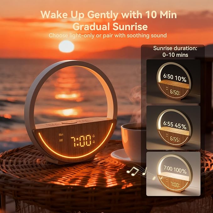Vivilumens Wake Up Light Sunrise Alarm Clock - White Noise Sound Machine with 20 Soothing Sounds Sleep Better, Weekdays/Weekends Dual Alarms, Bedroom Bedside Lamp, Gift for Heavy Sleepers