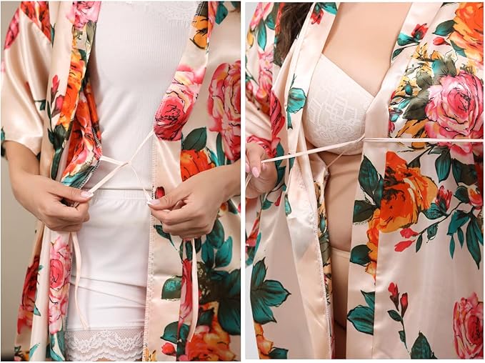 QXQTER Peony Floral Silky Satin Robe Wedding Bridal Party Bride Bridesmaid Robes for Women Dressing Gown Kimono Robe