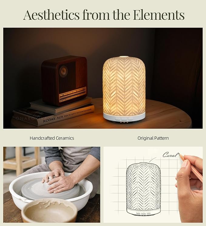 Onaboviva Essential Oil Diffuser - 2.4MHz Ultrasonic Ceramic Diffuser for Home, 120ml, Pulse&Continuous Mist, Bright/Dim/Breathing Lighting, Waterless Auto-Off, Aromatherapy Diffuser with USB Cable