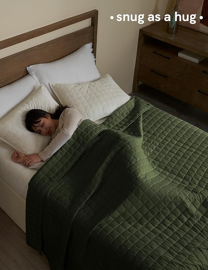 YnM Cotton King Size Weighted Blanket for Adults (88x104 Inches, 25 Pounds, Army Green), Smallest Compartments with Cooling Glass Beads,Heavy Blanket for Two Persons of 110~190lbs on Queen or King Bed