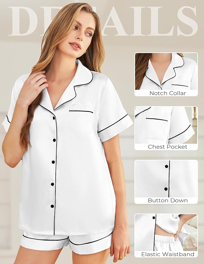 Silk Pajamas for Women Short Sleeve Sleepwear Soft Button Down Loungewear 2 Piece Satin Pjs Shorts Set S-XXL