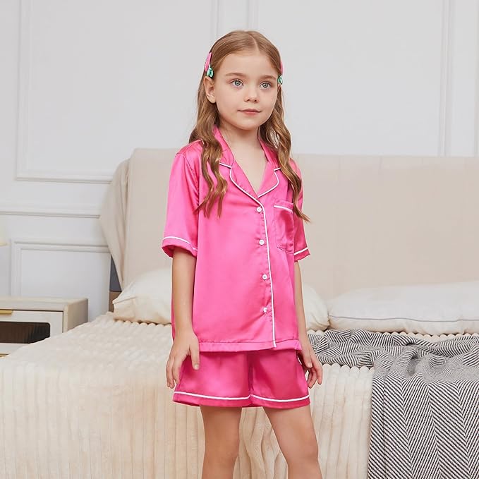 QPANCY Kids Satin Pajamas Sets Baby Boy Girl Button-Down Silk Sleepwear 2 Piece Short Sleeve Loungewear Clothes Set