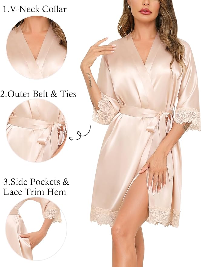 SWOMOG Women's Satin Robe Set 2 Piece Sexy Pajamas Sets Lace Cami Nightgown and Silk Robes Nightwear