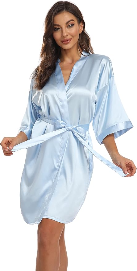 Women's Pure Short Kimono Robes Bride Bridesmaids Silky Bathrobe Lightweight Satin Sleepwear