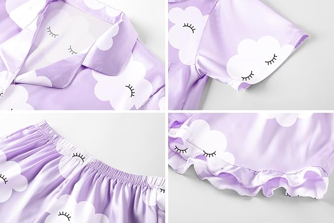 Umeyda Girls & Women Satin Pajamas Set Button Down 2 Piece Silk Pjs Shorts Set Ruffle Sleepwear, 5 Years-Women L