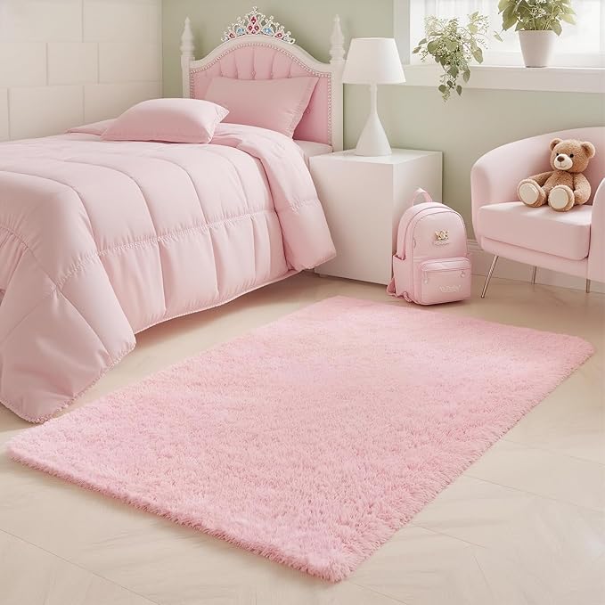 Ultra-Soft 3x5 Pink Shag Rug for Girls’ Bedroom – Small Fluffy Non-Slip Area Rugs for Living Room, Kids Room, Nursery, Playroom, Dorm, Home Office, Modern Plush Carpet Home Décor